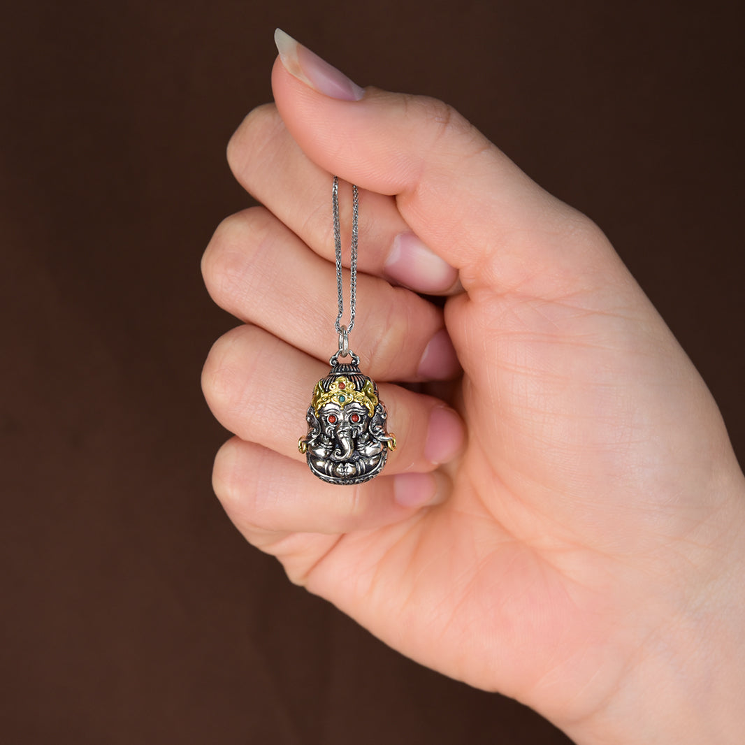 Baby Ganesha Blessing Pendant | Sterling Silver & Gemstone Charm