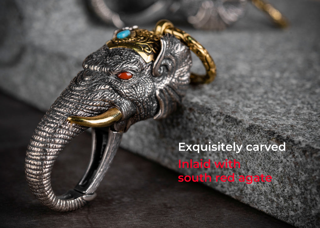 Tibetan Elephant-God Keychain – Silver, Turquoise & Agate
