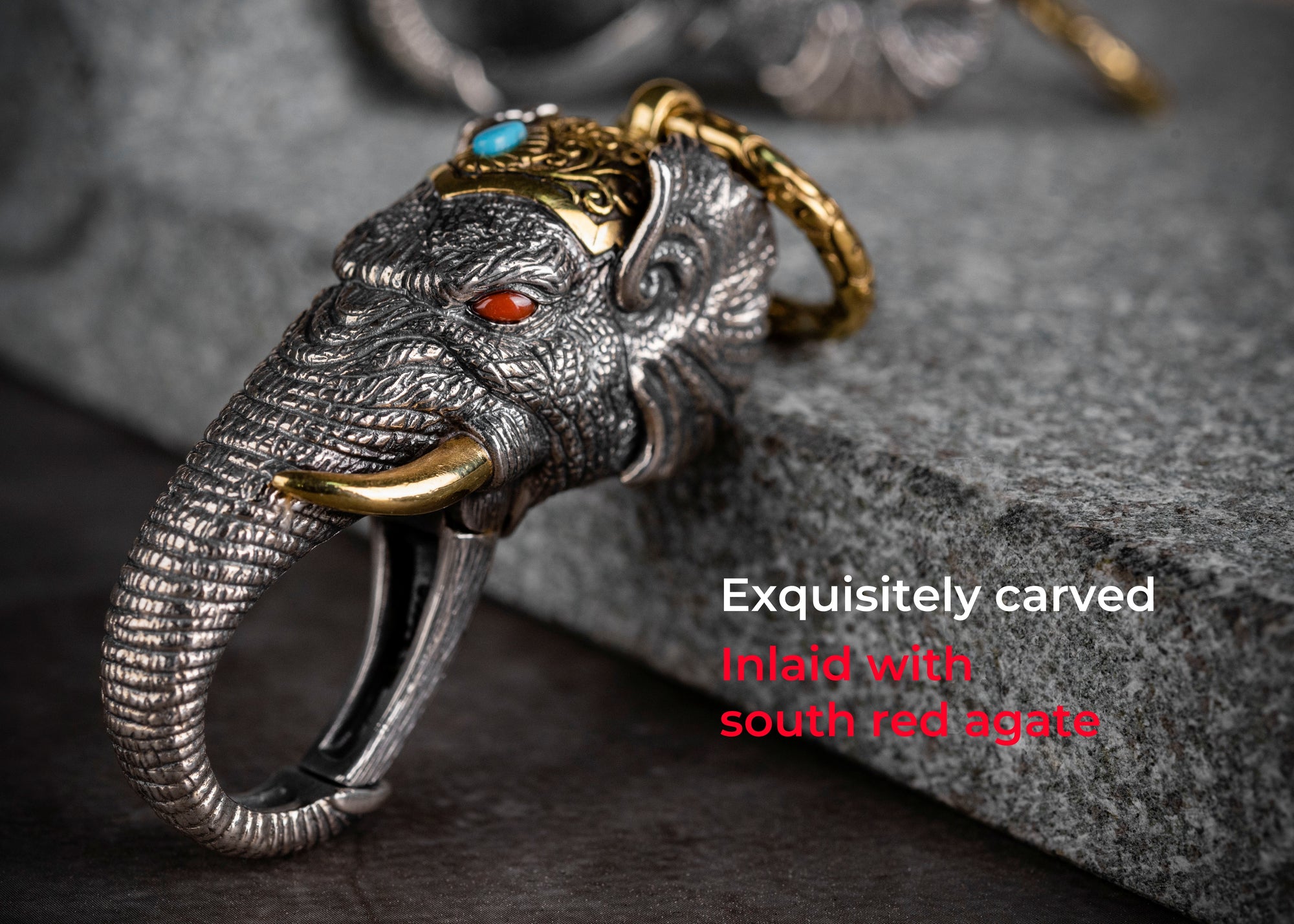 Tibetan Elephant-God Keychain – Silver, Turquoise & Agate