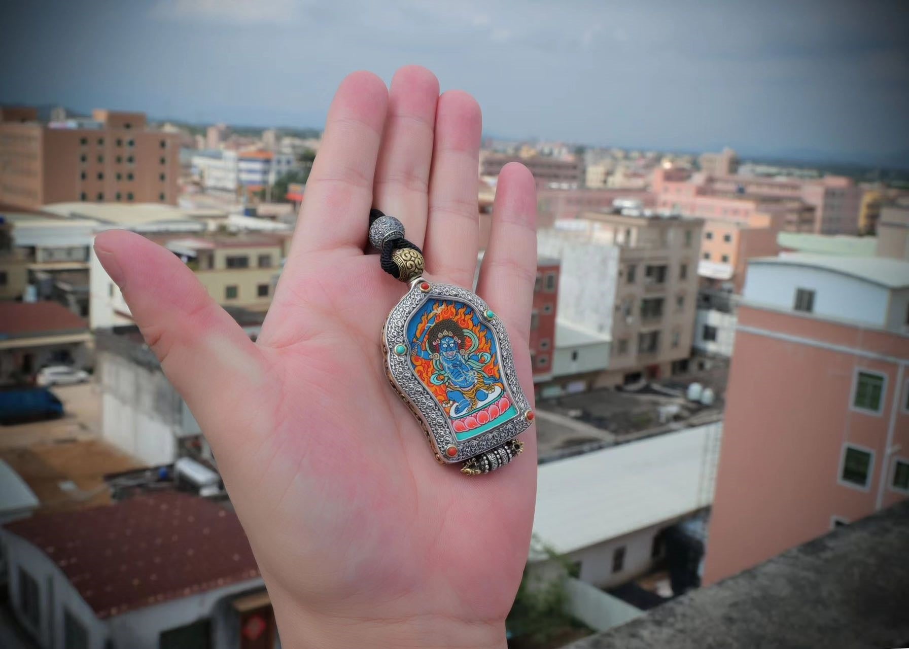 Hand‑Painted Thangka Amulet Necklace | 925 Silver & Rotating Dharma Wheel