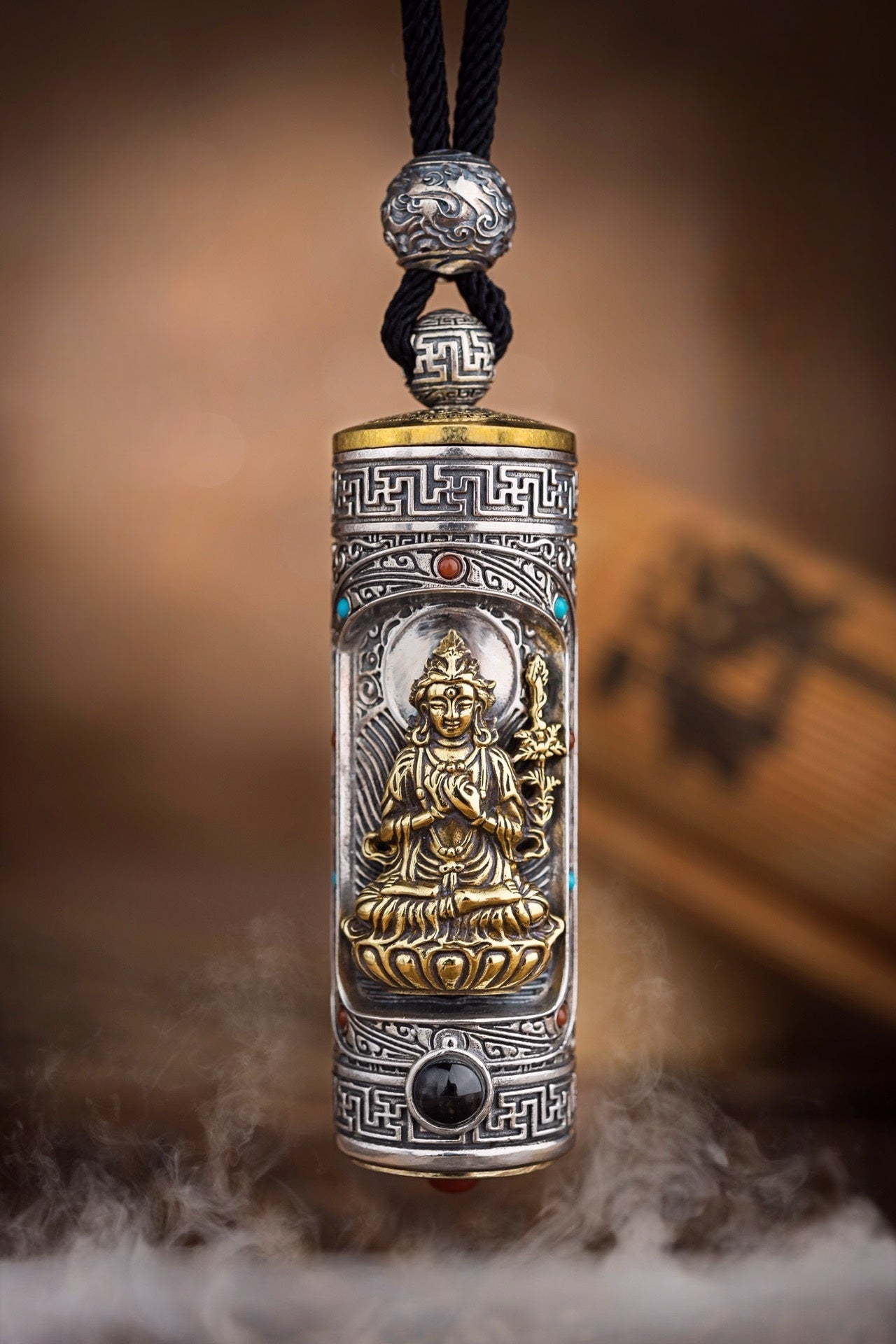 Tibetan Six-Syllable Prayer Wheel Pendant – Silver & Gemstone