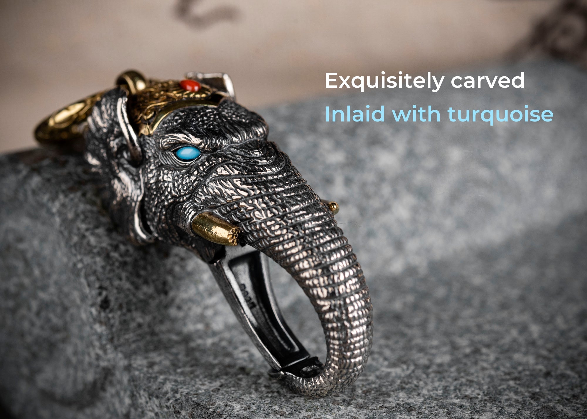 Tibetan Elephant-God Keychain – Silver, Turquoise & Agate