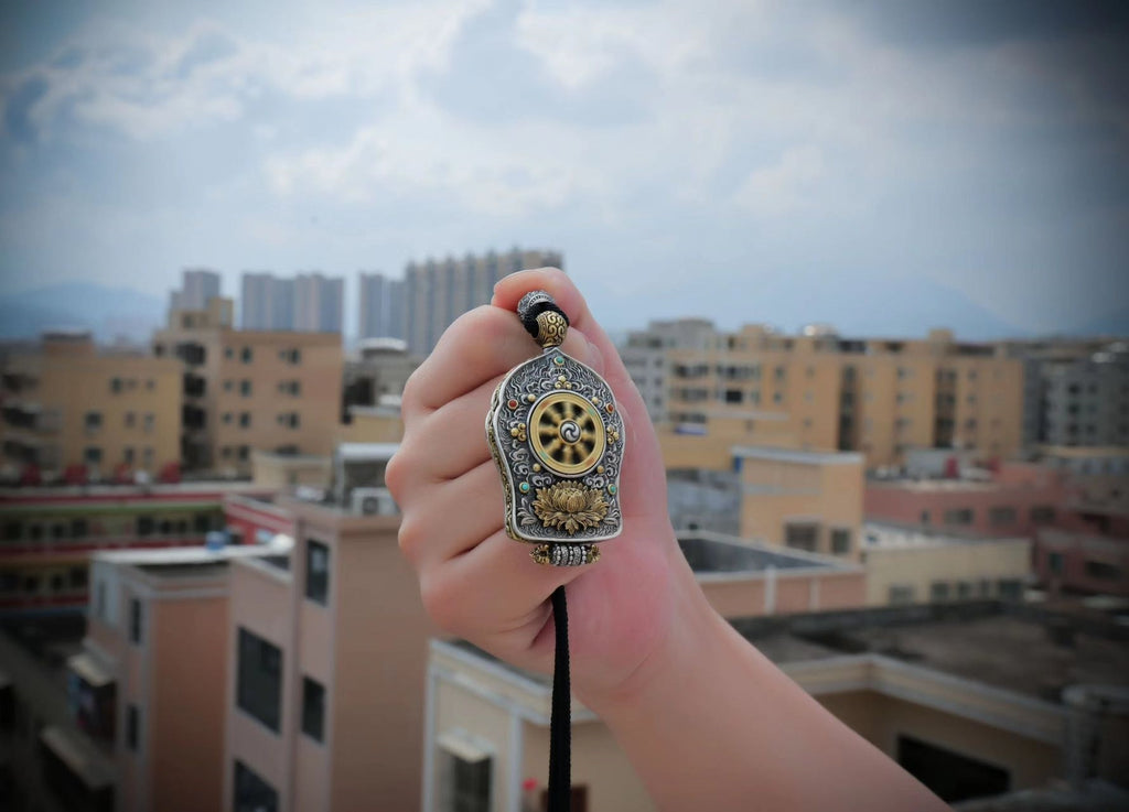 Hand‑Painted Thangka Amulet Necklace | 925 Silver & Rotating Dharma Wheel
