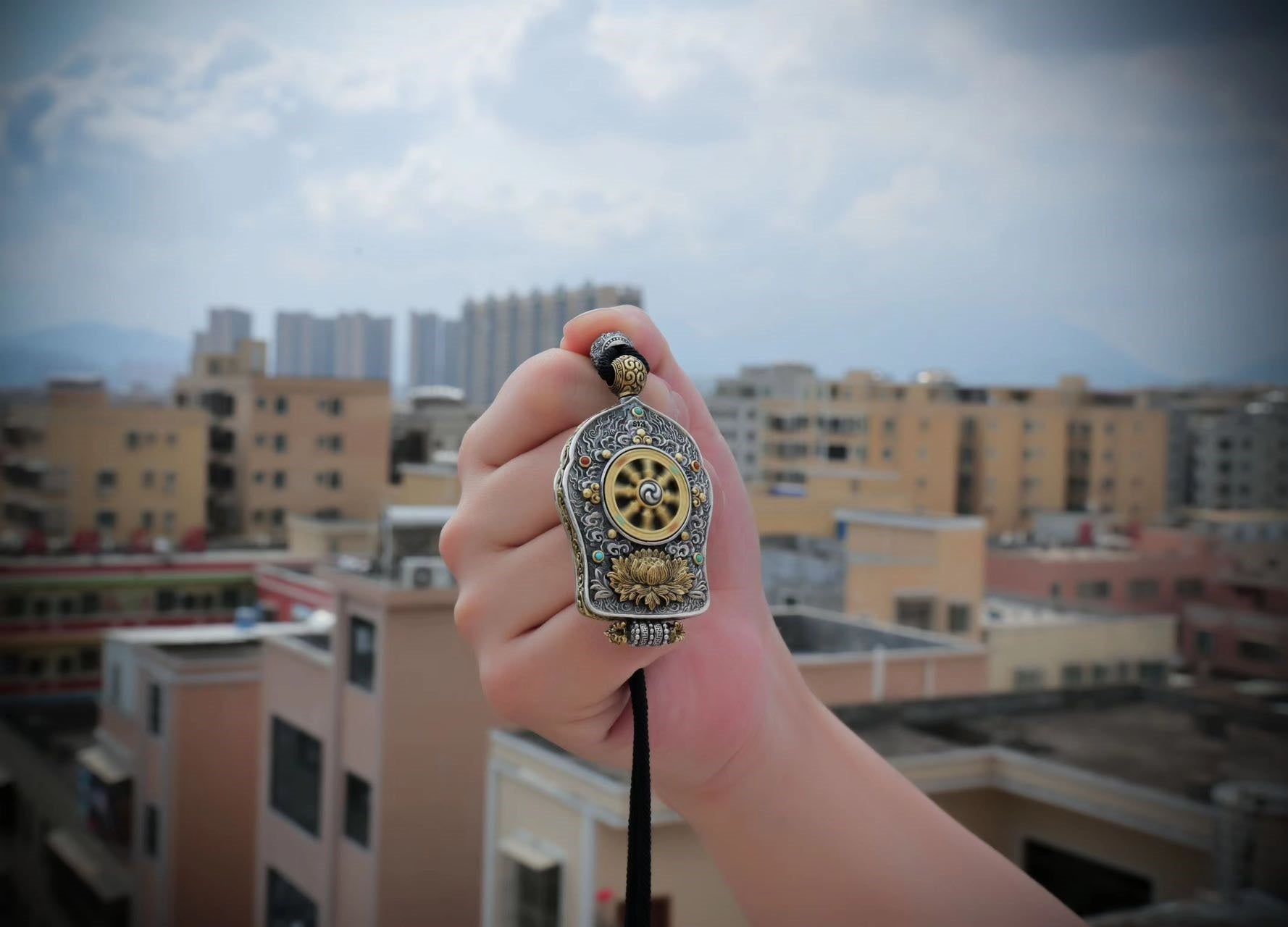 Hand‑Painted Thangka Amulet Necklace | 925 Silver & Rotating Dharma Wheel