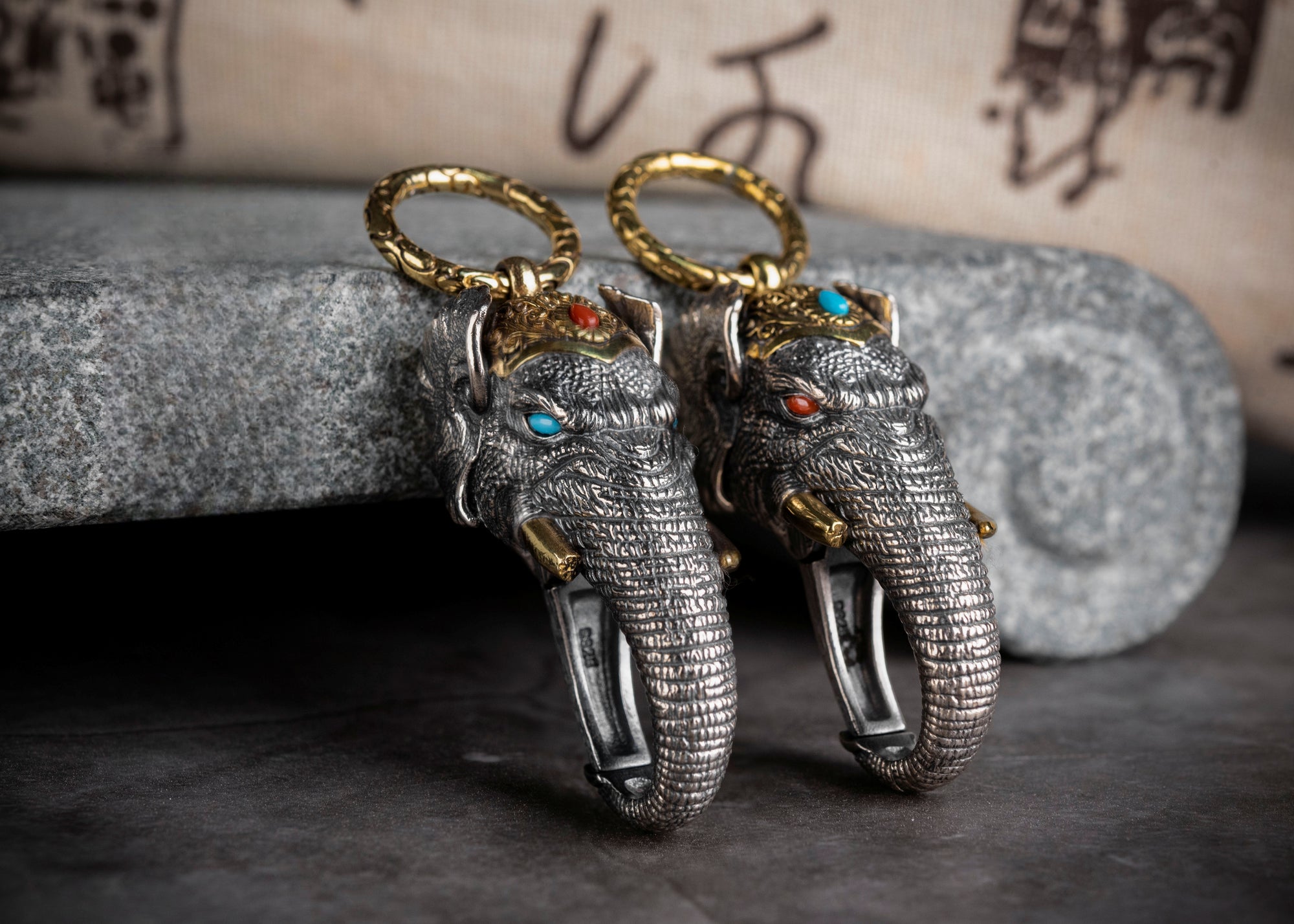 Tibetan Elephant-God Keychain – Silver, Turquoise & Agate