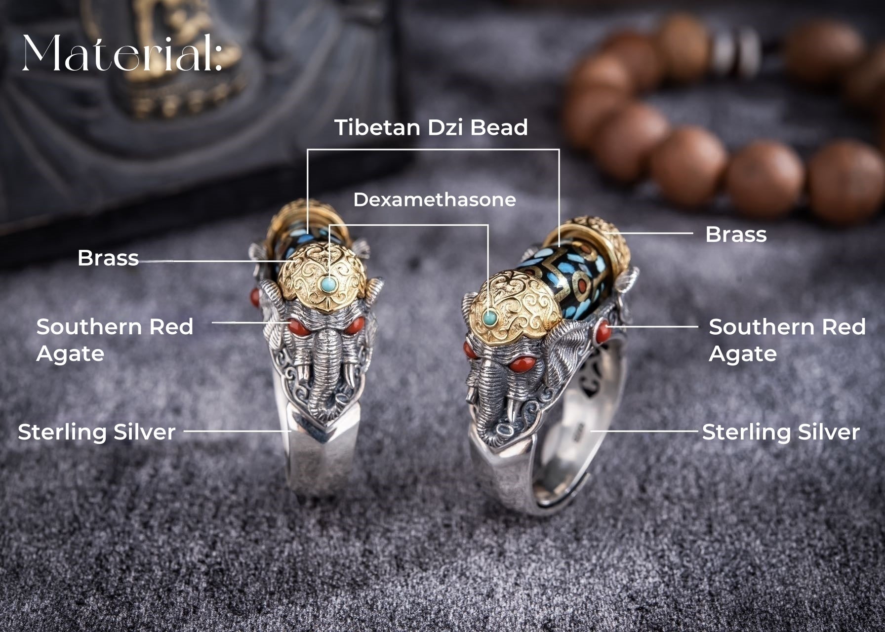 Rotating Dzi Ganesha Wealth Ring | 925 Silver, Brass & Gems