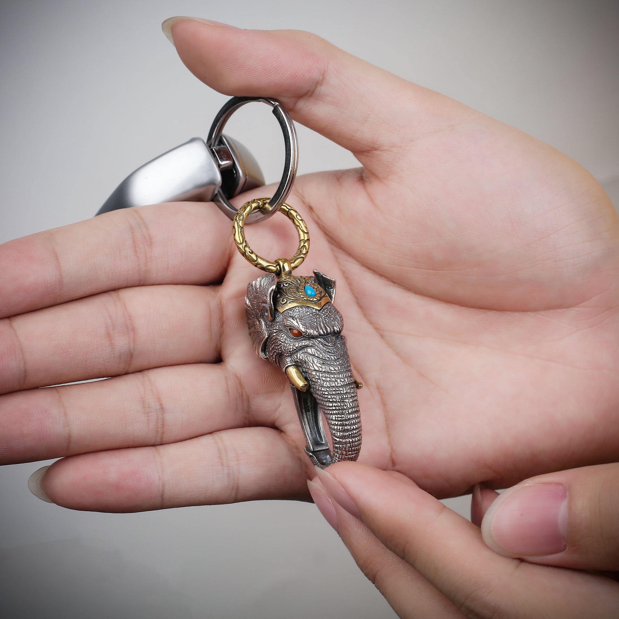 Tibetan Elephant-God Keychain – Silver, Turquoise & Agate