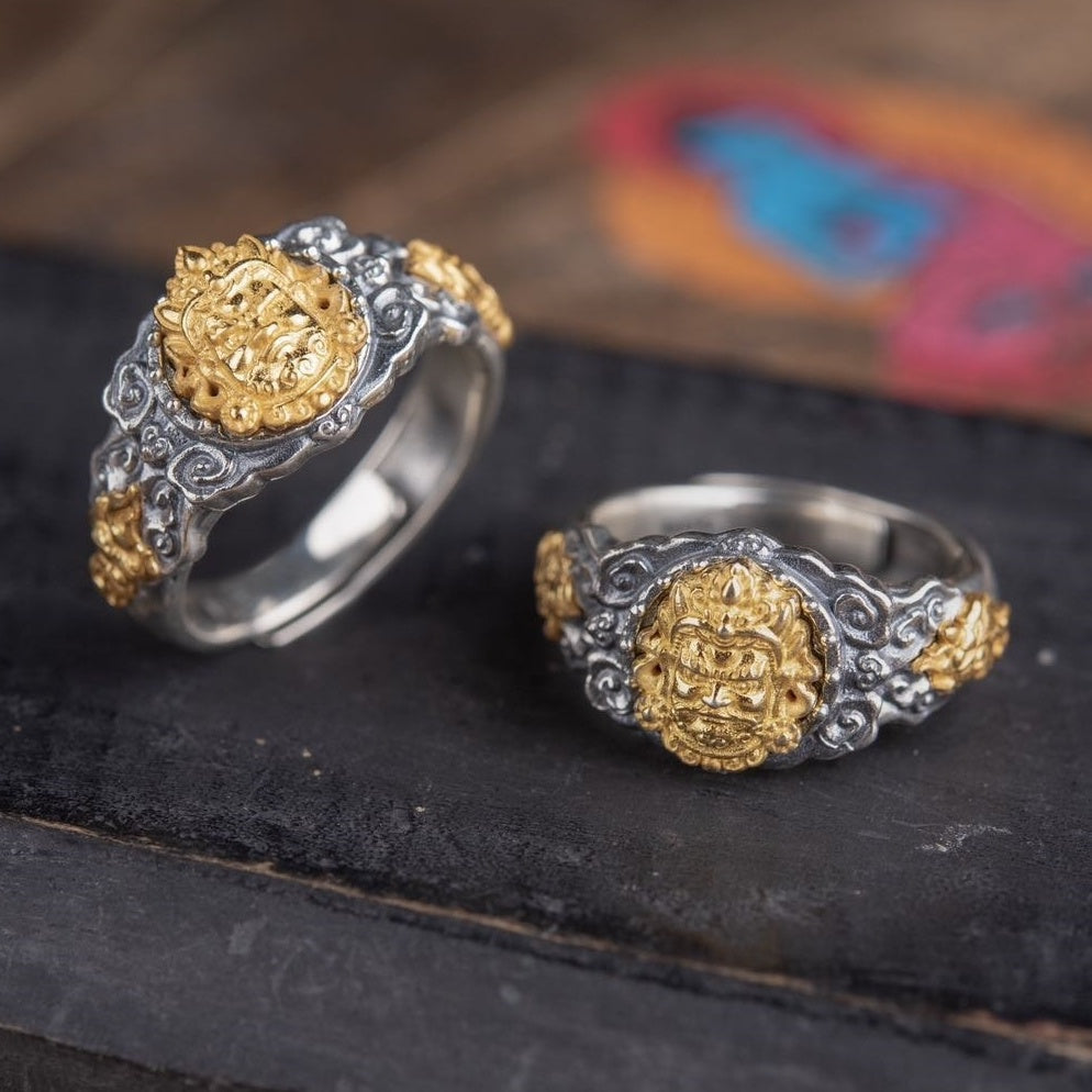 Yellow Jambhala Wealth Ring | 925 Silver + Brass Tibetan Talisman