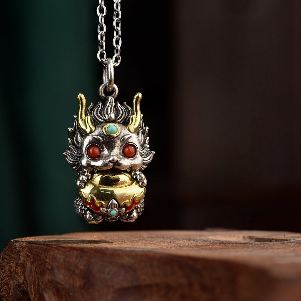 Qilin Fortune Gourd Pendant | Sterling-Silver Gemstone Charm
