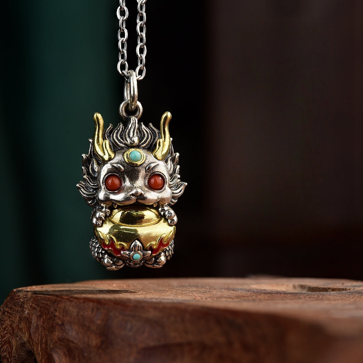 Qilin Fortune Gourd Pendant | Sterling-Silver Gemstone Charm