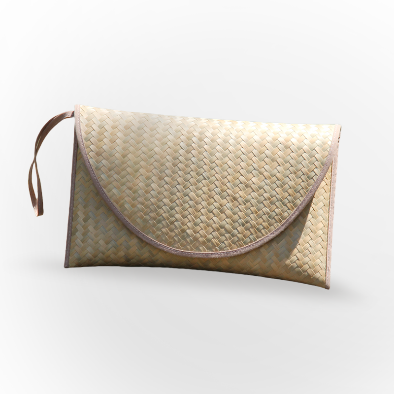Handwoven Bamboo Clutch with Pink Trim – 29×15 cm, Eco Chic
