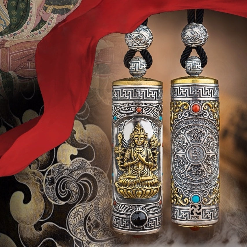 Tibetan Six-Syllable Prayer Wheel Pendant – Silver & Gemstone