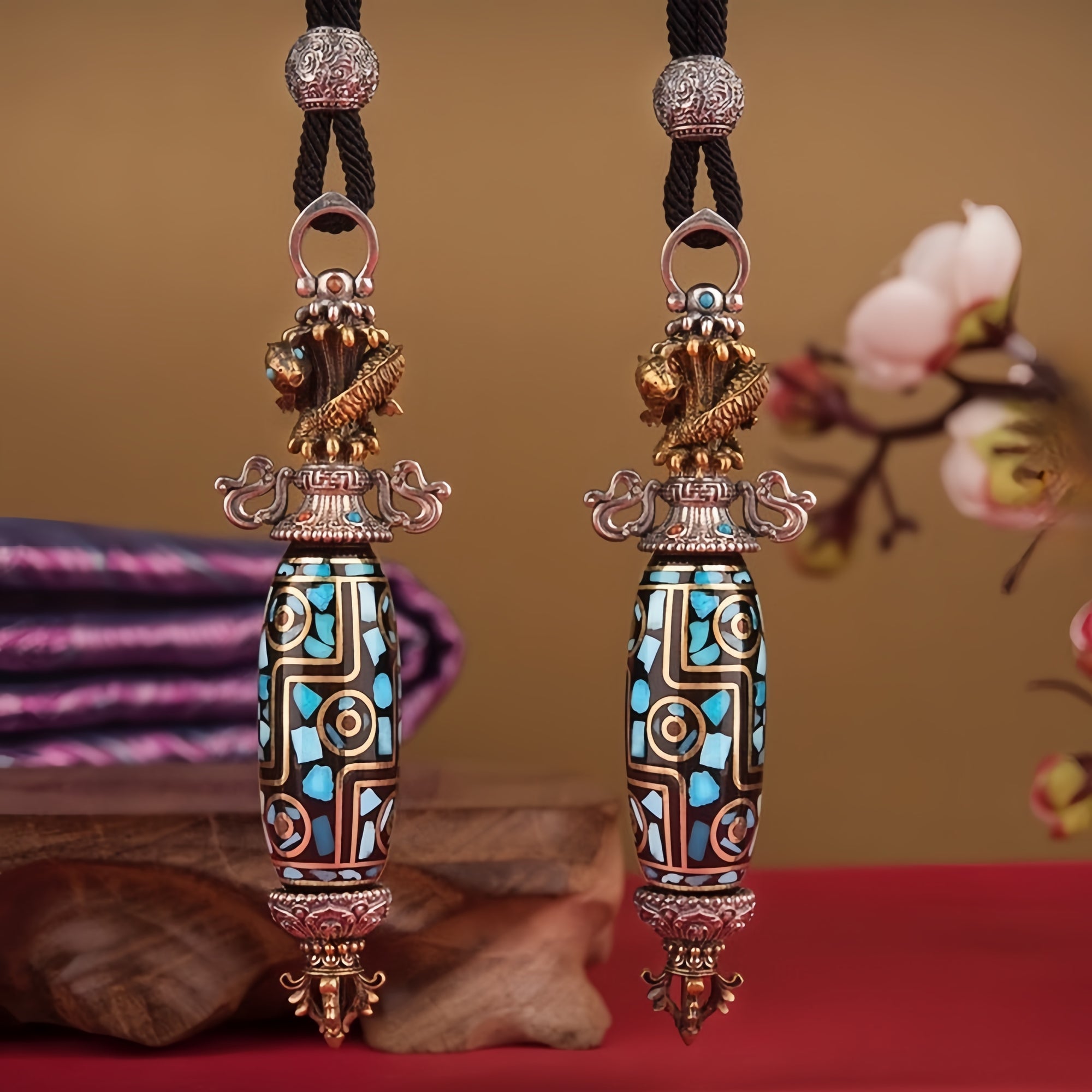 Spinning Double‑Fish Dzi Pendant | Turquoise Mosaic & 925 Silver