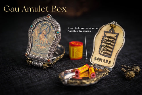 Black‑Gold Thangka Gau Necklace | 925 Silver & Dharma Wheel