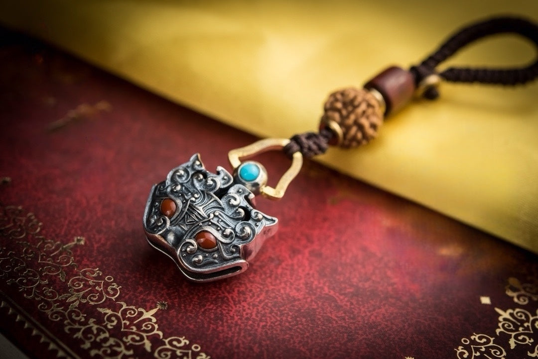 Pixiu Wealth Bell Pendant | Sterling Silver & Turquoise Amulet