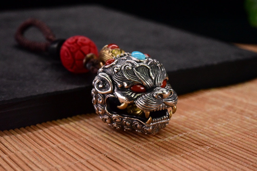 Tibetan Pixiu Guardian Bell Pendant – Silver, Turquoise, Agate