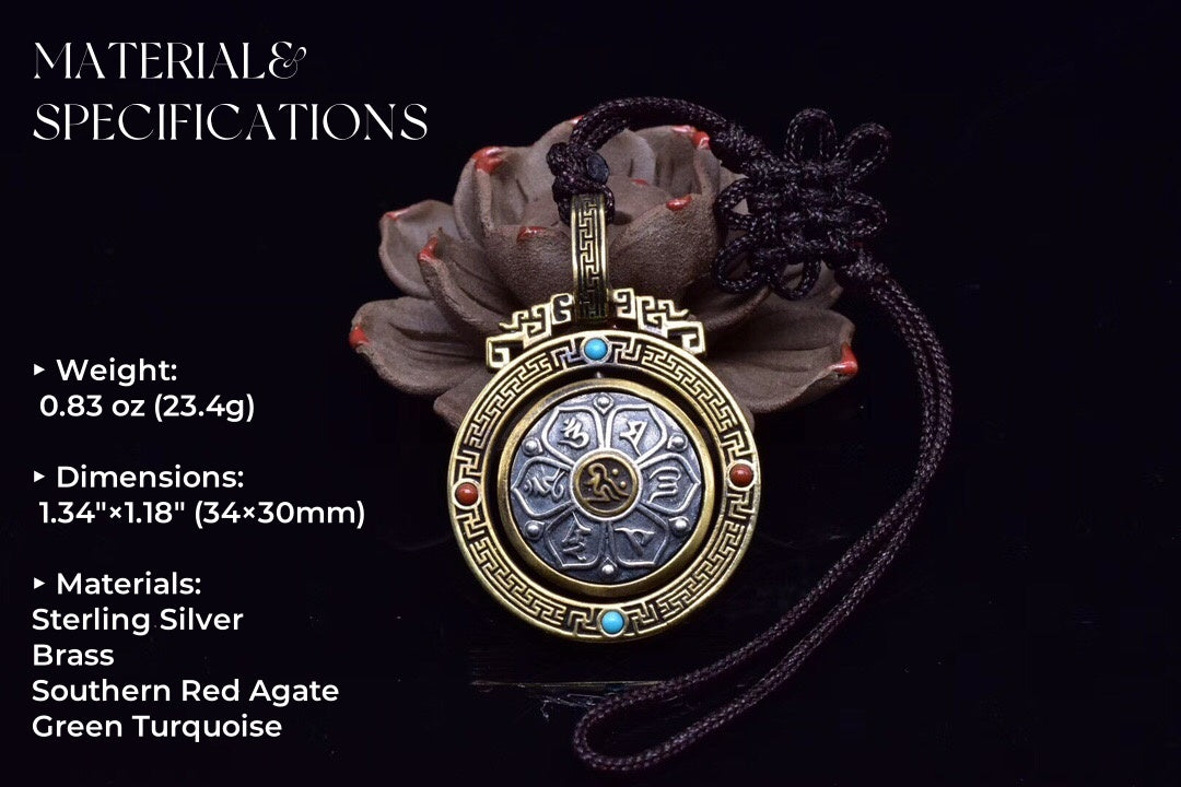 Six-Syllable Mantra Spinning Lotus Pendant – Silver & Brass