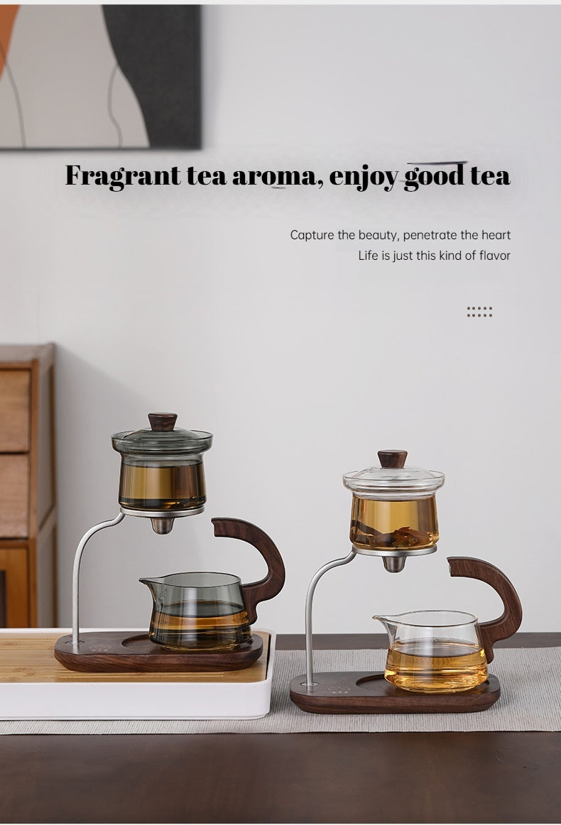 Modern Magnetic Glass Teapot Set – Heat-Resistant Lazy Brewer with Wood Handle & Stainless Steel Infuser