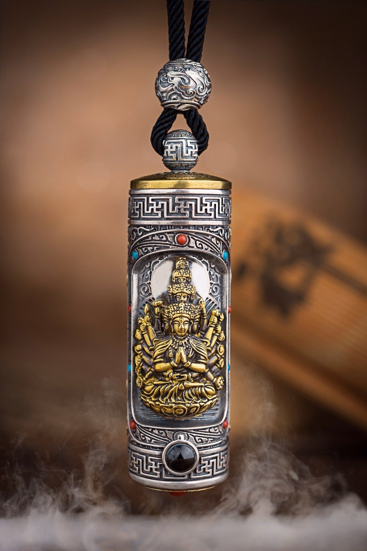 Tibetan Six-Syllable Prayer Wheel Pendant – Silver & Gemstone