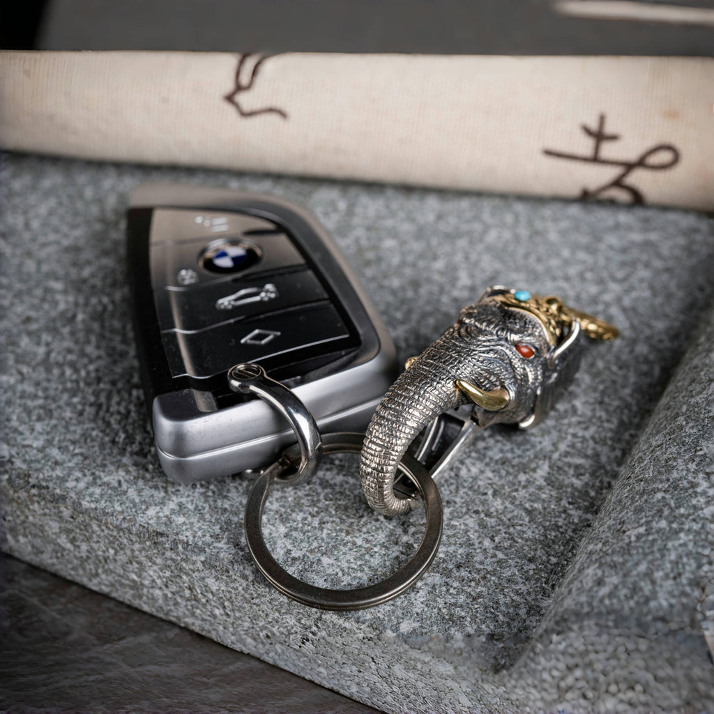 Tibetan Elephant-God Keychain – Silver, Turquoise & Agate
