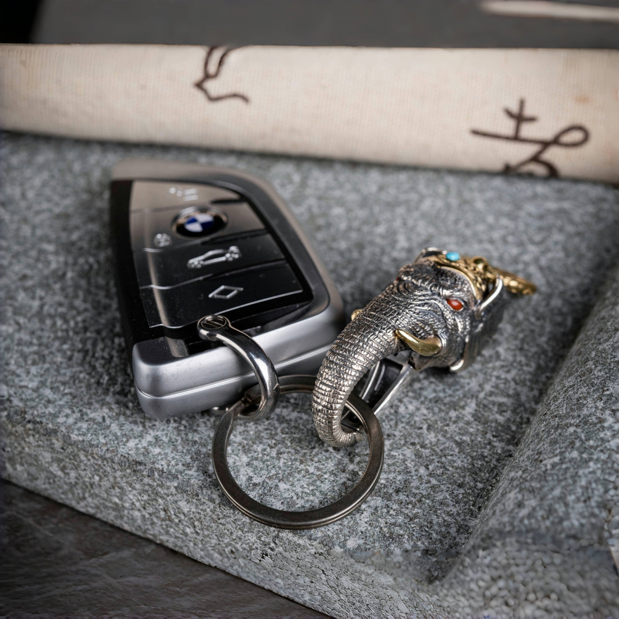 Tibetan Elephant-God Keychain – Silver, Turquoise & Agate