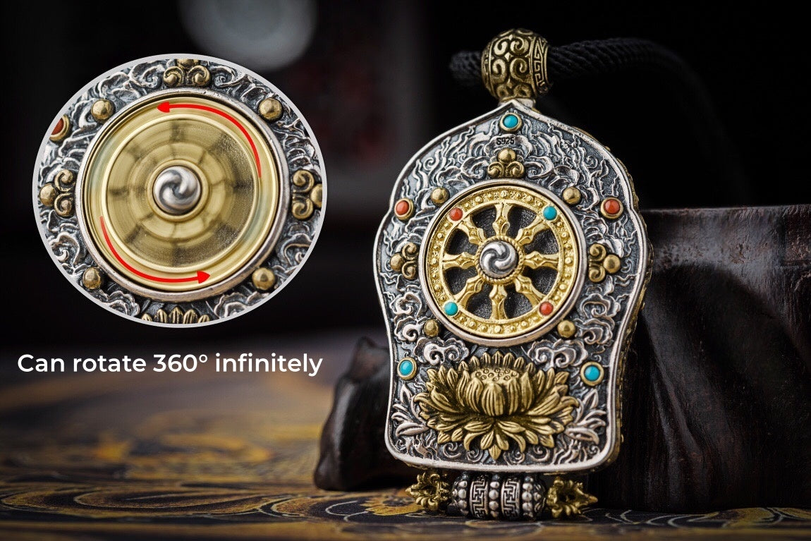 Black‑Gold Thangka Gau Necklace | 925 Silver & Dharma Wheel