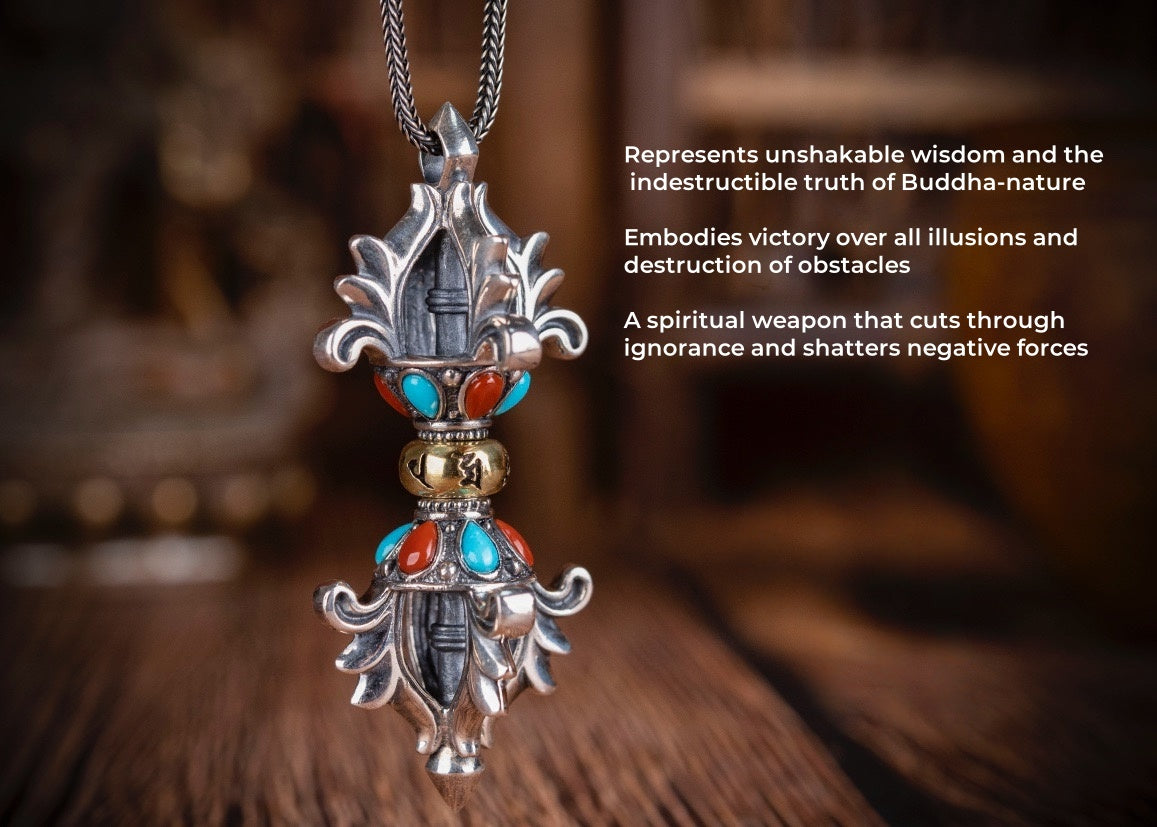 Vajra & Bell Amulet Pendant | Sterling Silver, Turquoise & Agate