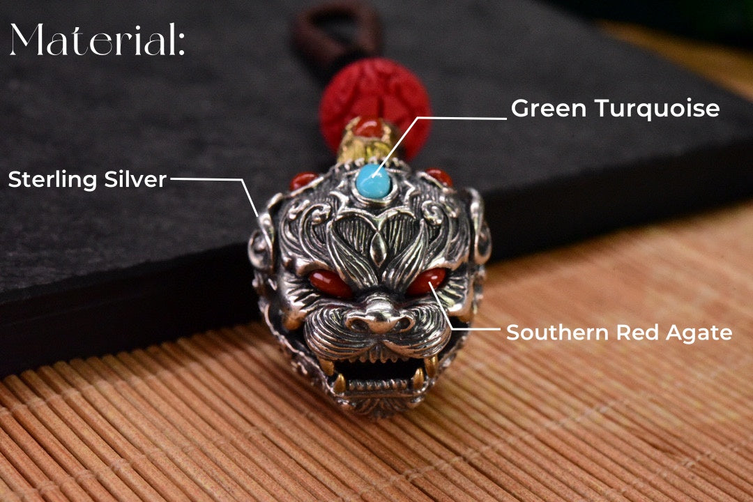 Tibetan Pixiu Guardian Bell Pendant – Silver, Turquoise, Agate