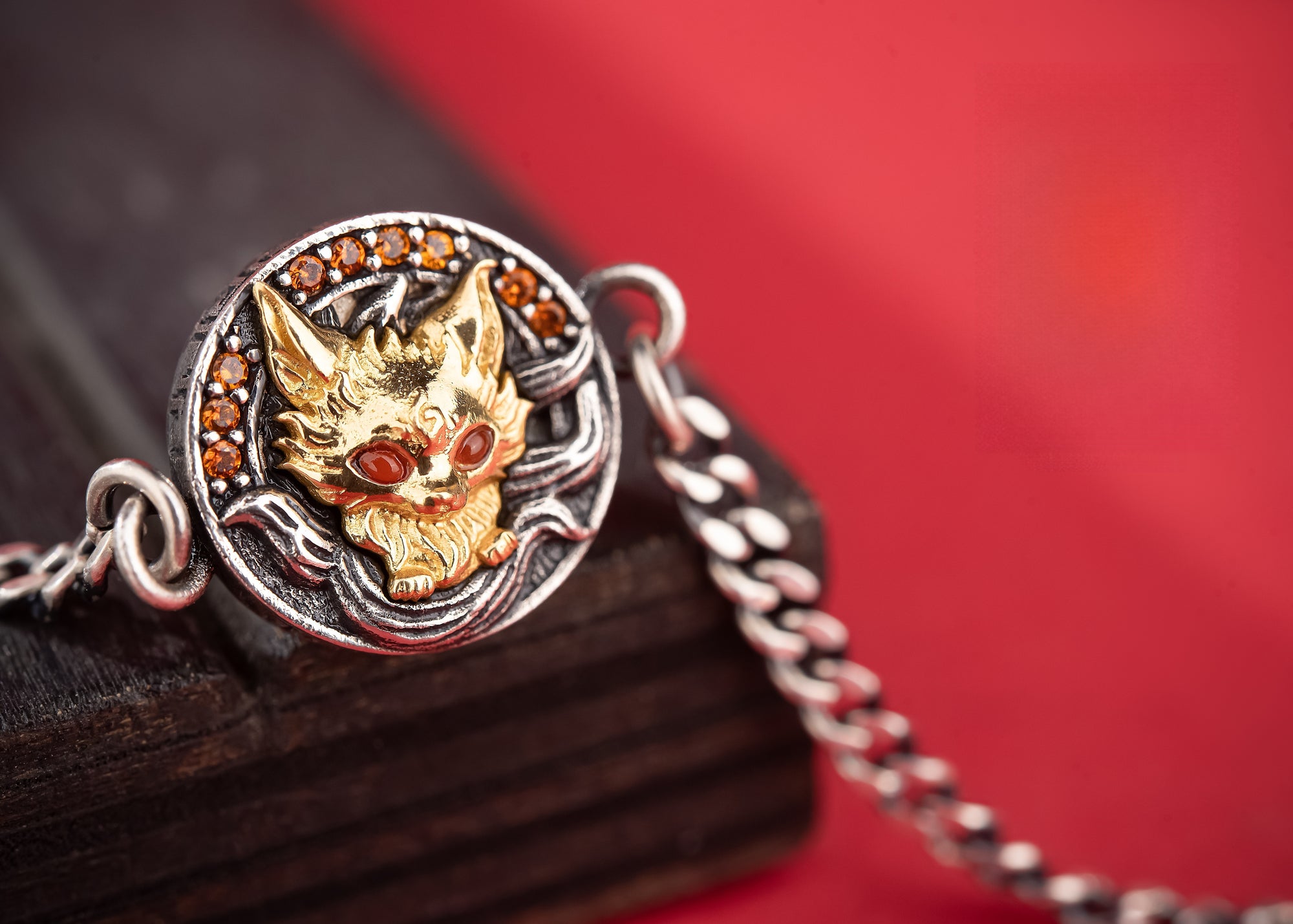 Nine‑Tail Fox Talisman Bracelet | 925 Silver & Red Zircon