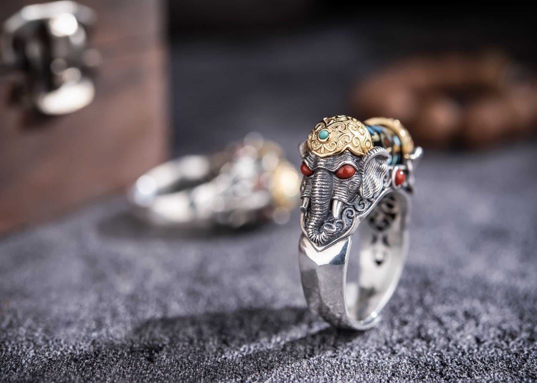 Rotating Dzi Ganesha Wealth Ring | 925 Silver, Brass & Gems