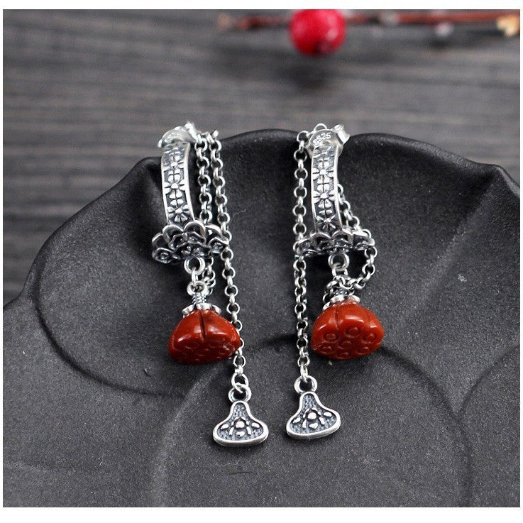 925 silver Tibetan long tassel Nanhong asymmetric earrings women's niche design high sense