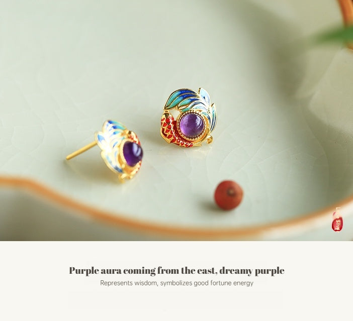 S925 Sterling Silver Natural Amethyst Enamel Koi Fish Stud Earrings
