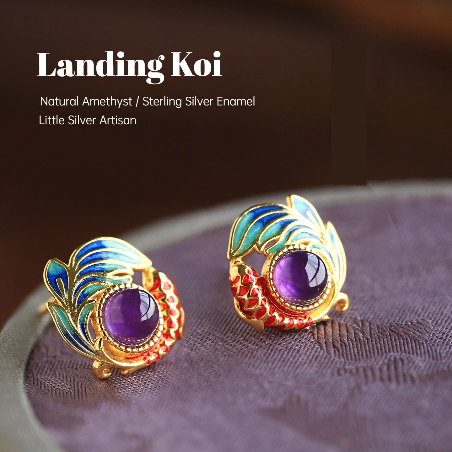 S925 Sterling Silver Natural Amethyst Enamel Koi Fish Stud Earrings