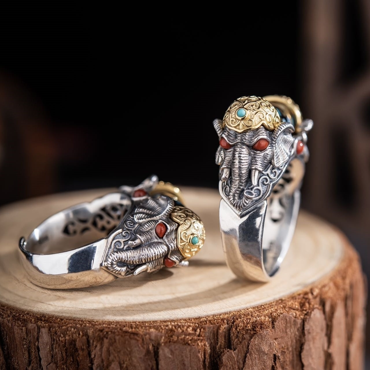 Rotating Dzi Ganesha Wealth Ring | 925 Silver, Brass & Gems