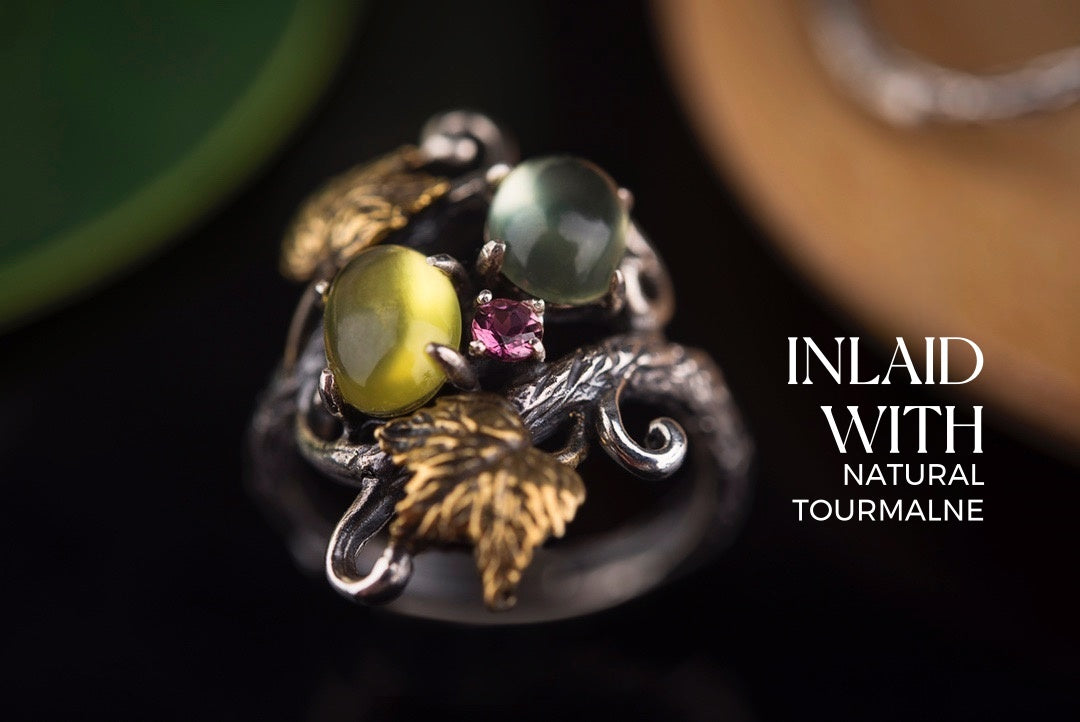 Hope Stone Prehnite Vine Ring | 925 Silver & Tourmaline