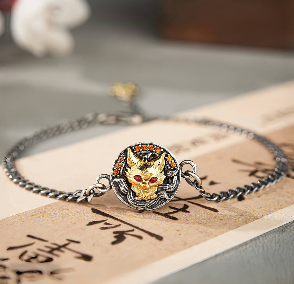Nine‑Tail Fox Talisman Bracelet | 925 Silver & Red Zircon