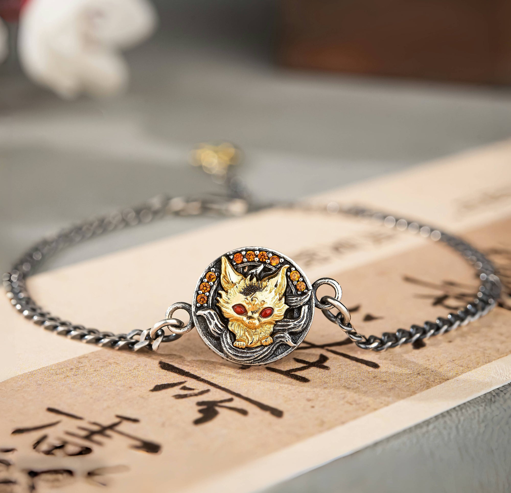 Nine‑Tail Fox Talisman Bracelet | 925 Silver & Red Zircon