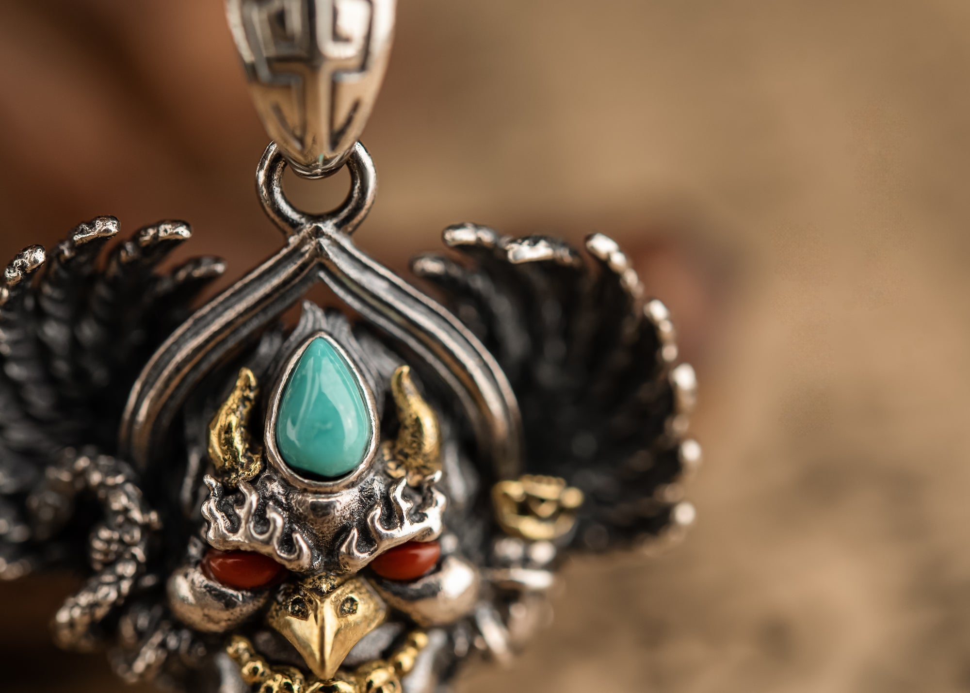 Garuda Guardian Pendant | Sterling Silver, Agate & Turquoise