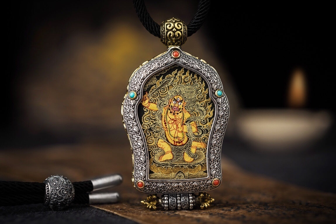Black‑Gold Thangka Gau Necklace | 925 Silver & Dharma Wheel