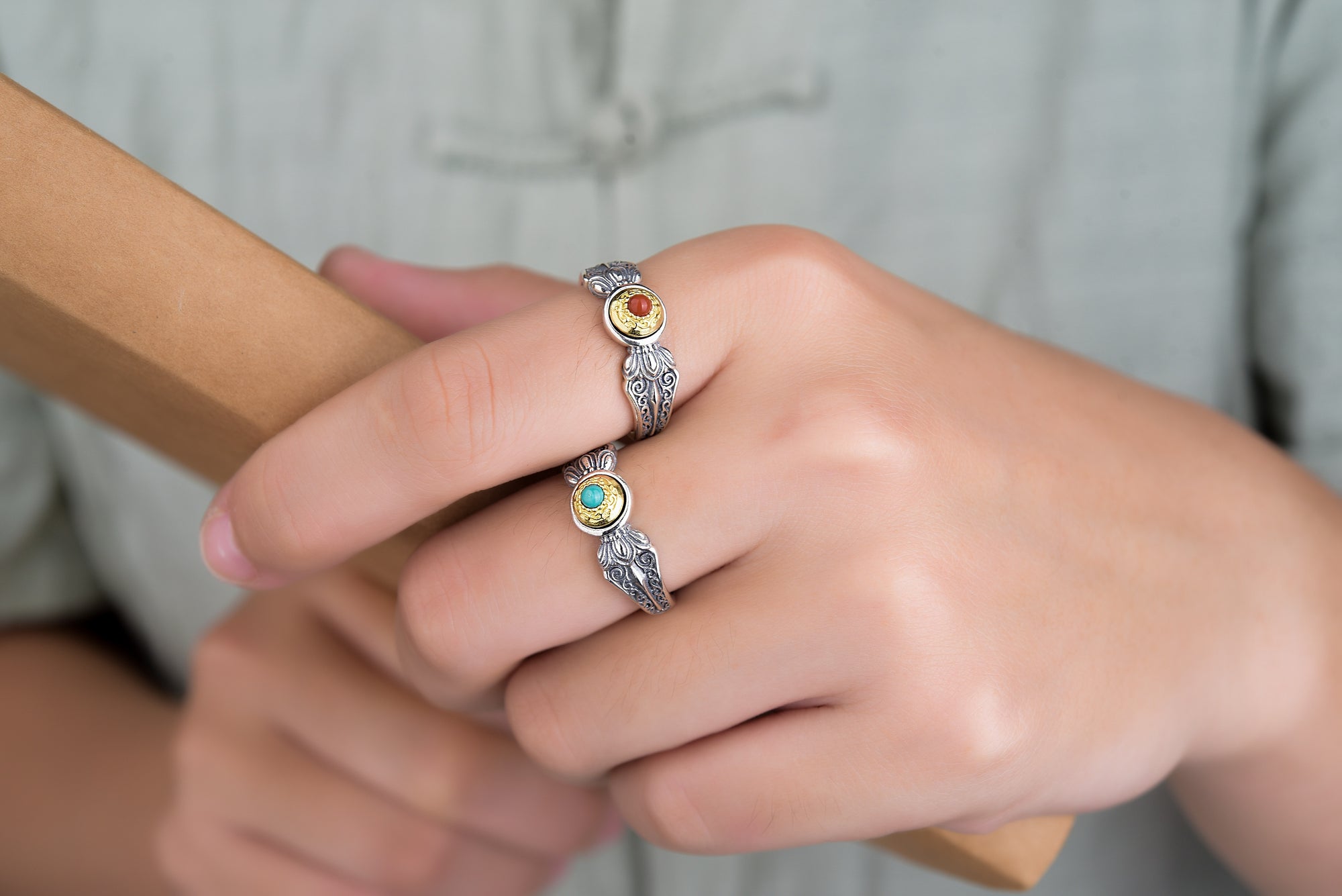 Vajra Mani Spinner Ring | 925 Silver, Agate / Turquoise