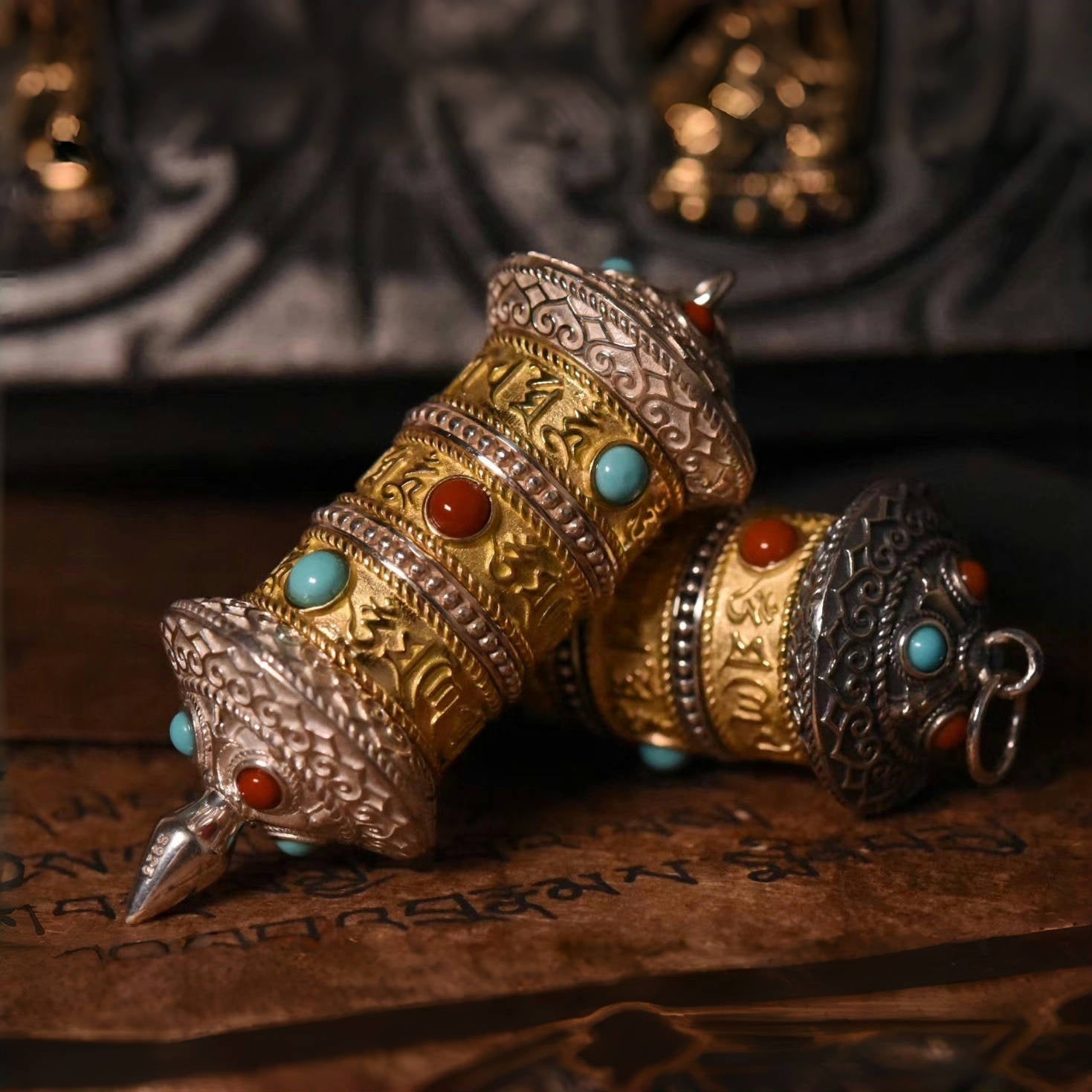 Tibetan Prayer Wheel Spinner Pendant | Sterling Silver, Turquoise & Agate