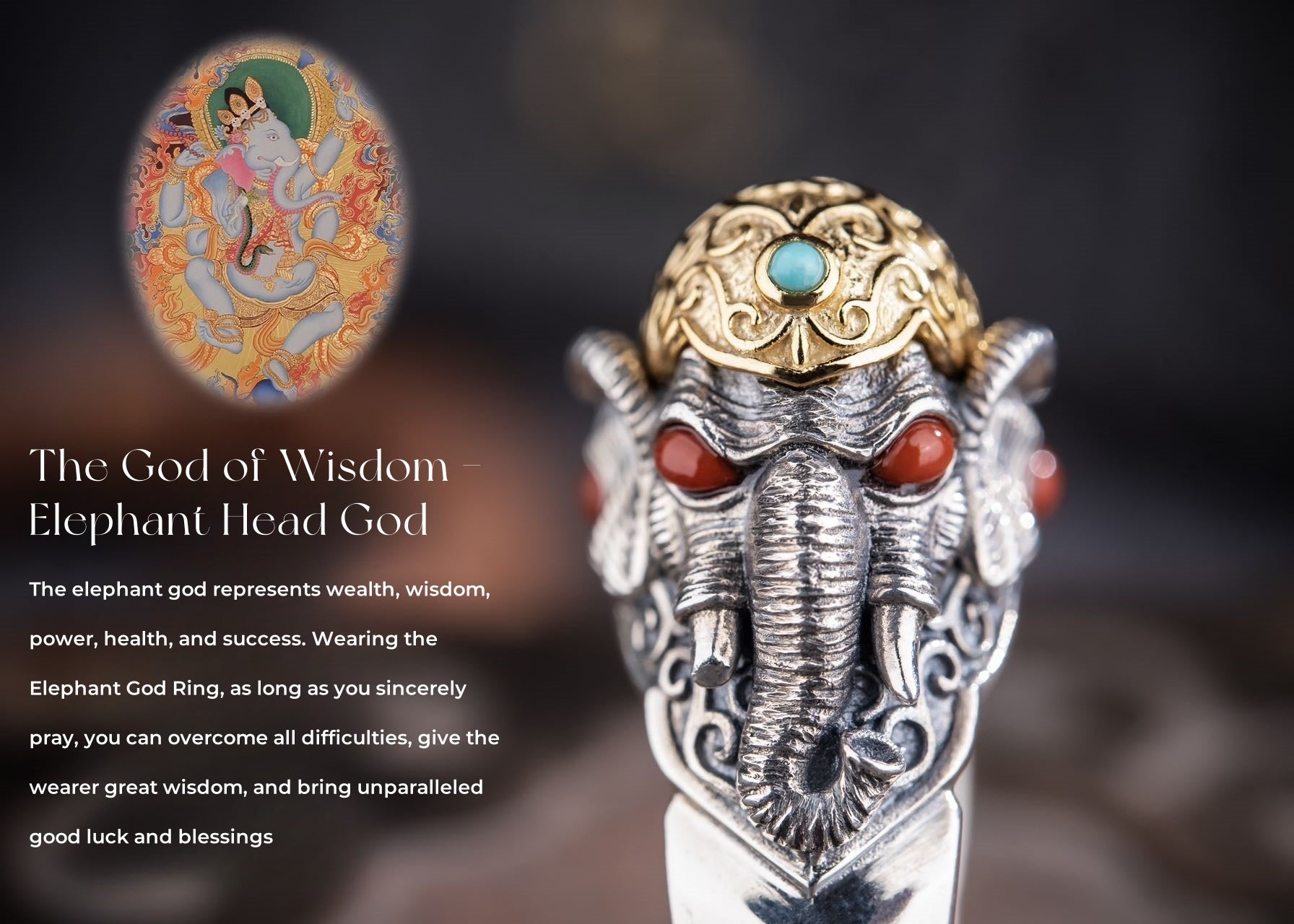 Rotating Dzi Ganesha Wealth Ring | 925 Silver, Brass & Gems
