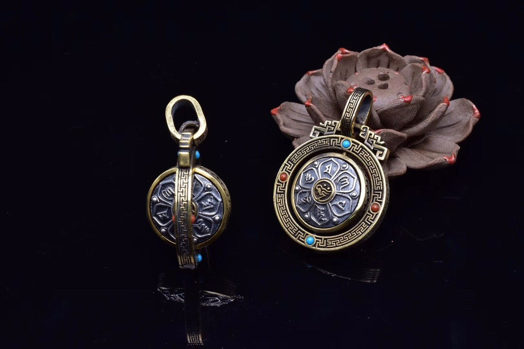 Six-Syllable Mantra Spinning Lotus Pendant – Silver & Brass