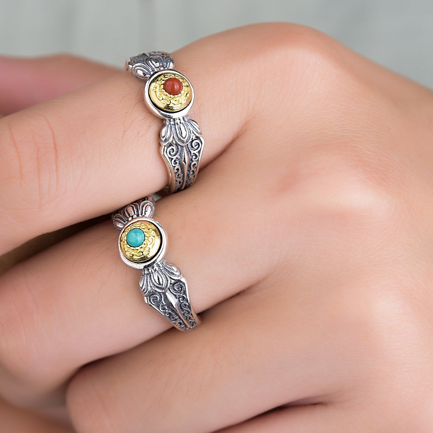 Vajra Mani Spinner Ring | 925 Silver, Agate / Turquoise