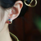 S925 Sterling Silver Natural Amethyst Enamel Koi Fish Stud Earrings