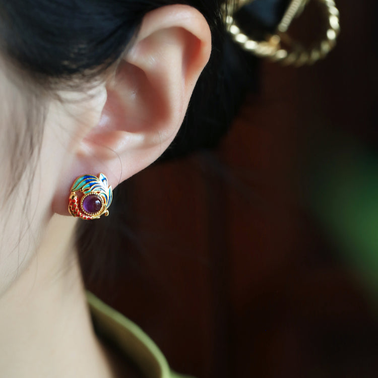 S925 Sterling Silver Natural Amethyst Enamel Koi Fish Stud Earrings