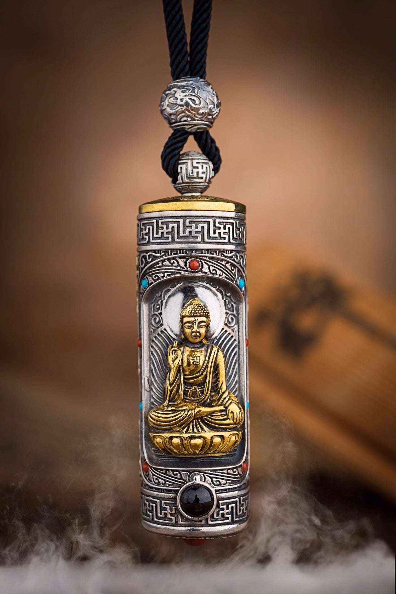 Tibetan Six-Syllable Prayer Wheel Pendant – Silver & Gemstone