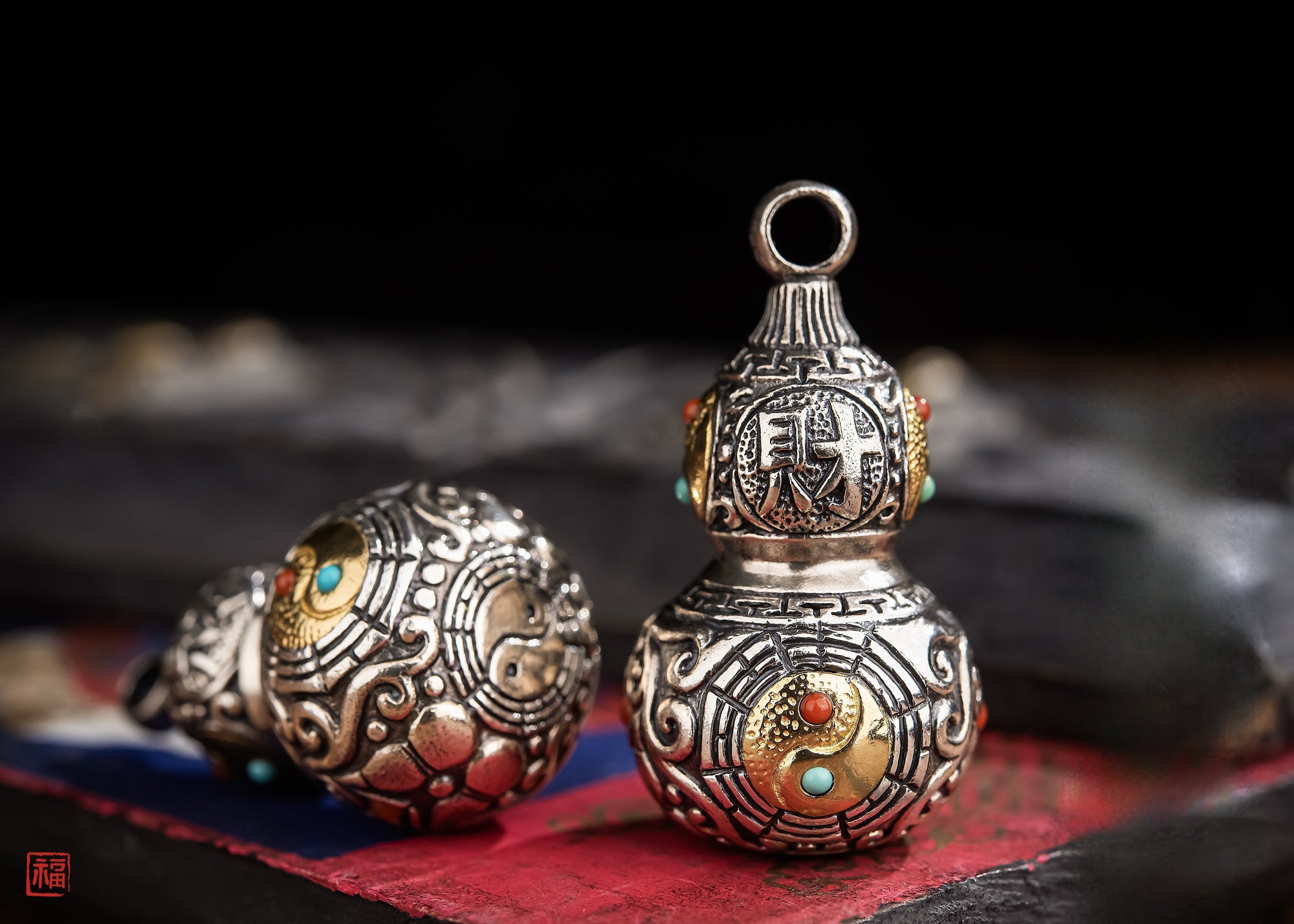 Tibetan Gourd Pendant | Sterling Silver, Brass & Agate Luck Charm