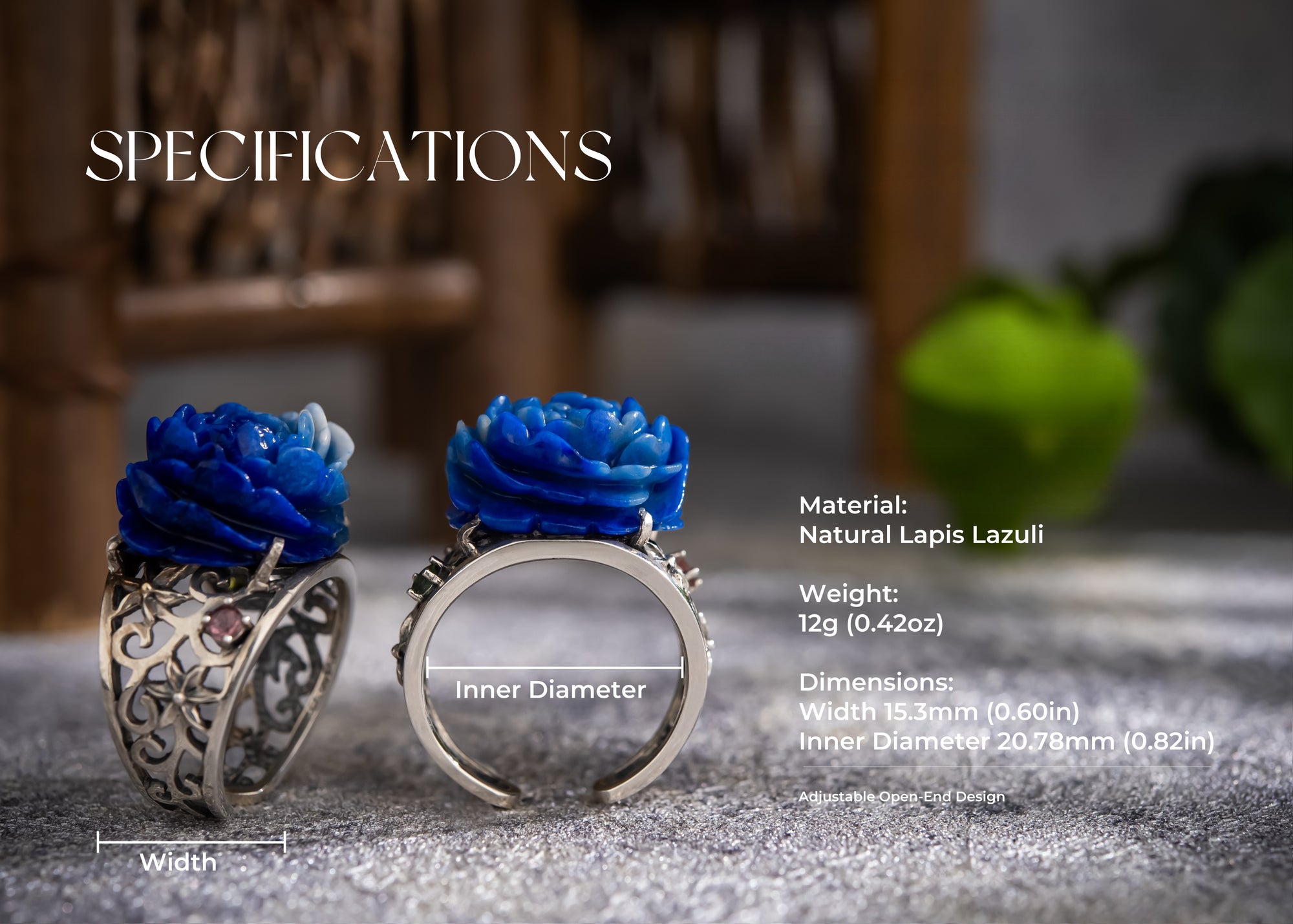 Peony of Lhasa Ring | Carved Lapis Lazuli & 925 Silver