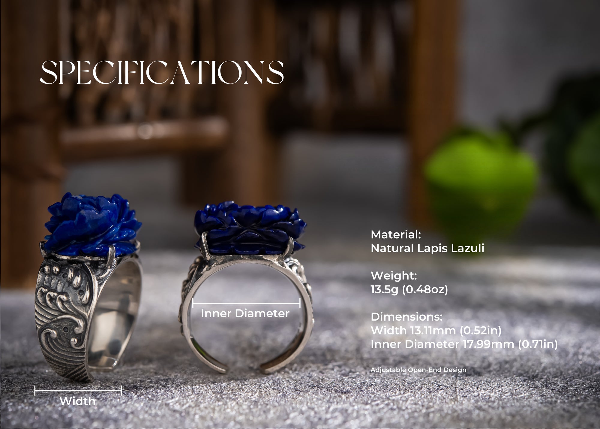 Peony of Lhasa Ring | Carved Lapis Lazuli & 925 Silver